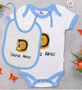 BK Kids Kişiye Özel Harfli Mavi Bebek Body Zıbın ve Mama Önlüğü Hediye Seti-1