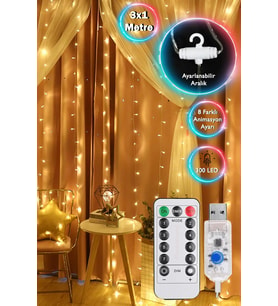 Kumandalı 10 Saçaklı Animasyonlu USB li 3x1 Metre Dekor Perde  Led - Saçaklı Led Peri Led (Sarı)