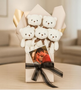 Kişiye Özel Fotoğraflı Peluş Ayıcık Buketi (Beyaz)