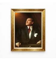 Tablore Atatürk Portresi Kanvas Tablo Altın Rengi Çerçeveli Dikey Modern Dekoratif Tablo