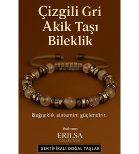 Sertifikalı Çizgili Gri Akik Taşı Bileklik 6x6 mm – Bağışıklık ve Dayanıklılık Taşı (Çok Renkli)