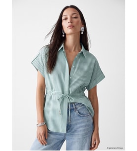 LCW EVERYDAY Yeşil Beli Bağlamalı Çizgili Kadın Gömlek