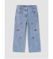 LCW Kids Mavi Stitch Nakışlı Wideleg Kız Çocuk Jean Pantolon