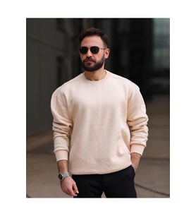 Kalın İçi Pamuklu Cepli Oversize Sweatshirt (Krem)