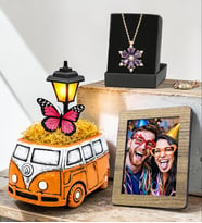 Vosvos Otobüs Masa Lambası, Gerçek Ametist Taşlı Lotus Kolye ve Fotoğraf Çerçevesi Hediye Seti (Model 4)