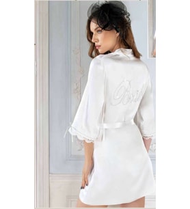 Kadın Beyaz Saten Gelin Sabahlığı Bride Yazılı Dantel Kol Detaylı Kuşaklı 5798