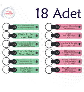 Yeşil & Pembe, Kına Gecesi Davetlilerine Hatıra, 18’li Set, Kişisel Mesajlı Deri Anahtarlık