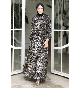 Leopar Desen Kuşaklı Elbise 1308 - Siyah