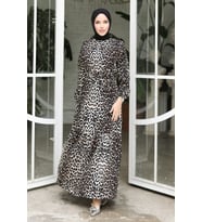 Leopar Desen Kuşaklı Elbise 1308 - Siyah