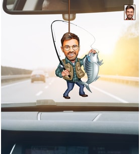 Kişiye Özel Hediye Balıkçı Karikatürlü Ahşap Araba Dikiz Ayna Süsü