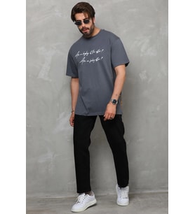 Erkek Kısa Kol Yazlık Tişört Bisiklet Yaka Baskılı Oversize T-Shirt - Füme