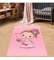 Prenses Desenli Kalpli Kelebek Dijital Baskı Yıkanabilir Kaymaz Taban Bebek ve Çocuk Odası Halısı (Pembe)