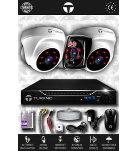 TURKNO 3 Kameralı Karia 2 İç Kamera Set HDD'siz Full HD Gece Görüşlü Güvenlik Kamerası Sistemi