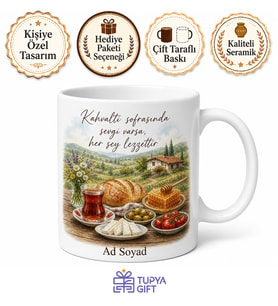 Köy Kahvaltısı Temalı Baskılı Kupa Bardak Hediye Porselen Mug