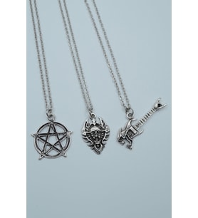 3'lü Pentagram Kuru Kafa Gitar Diablo Kalkan Gümüş Kaplama Kolye Seti