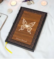 Kelebek Desenli Termo Deri + Ahşap Anı Defteri - Çizgili Defter - Hediyelik (17x24 cm- 320 Sayfa)