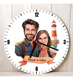 Sevgiliye Hediye Kişiye Özel Deniz Feneri ve Aşkımız Karikatürlü Duvar Saati