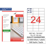 Tanex Lazer Etiket tw-2037 500 A4 Sayfa Laser Etiket 70 x 37 mm Boyutunda 1 A4 Sayfada 24 Etiket