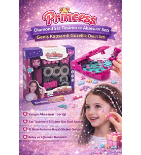 Princess Diamond Saç Tasarım ve Aksesuar Seti Geniş Kapsamlı Güzellik Oyun Seti