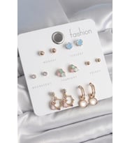 pilelistore Pirinç Gold Renk Zirkon Taşlı Sallantı Halka Figür Kalp Detay 7 Çift Kadın Küpe - TJ-BKP