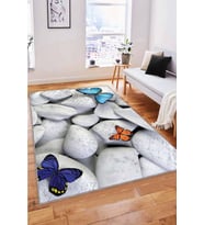 Kırk Beyaz Kelebek Desenli 3D Kaymaz Tabanlı Halı RV362 - 100 x 160 cm