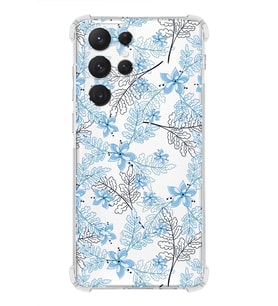 Samsung Galaxy S22 Ultra Uyumlu Köşe Korumalı Antişok  Kapak Floral Mavi Tasarımlı Şeffaf  Kılıf