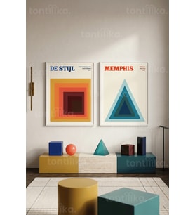Renkli Geometrik Sanat 2'li Ahşap Çerçeveli Tablo Seti