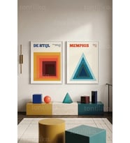 Renkli Geometrik Sanat 2'li Ahşap Çerçeveli Tablo Seti