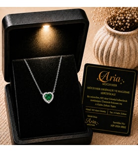925 Ayar Gümüş Kalp Zümrüt Kolye 18 Ayar Gerçek Altın Kaplama - Işıklı Kutulu ve Sertifikalı
