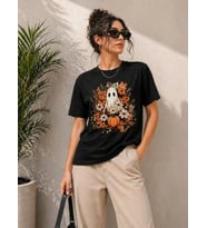 Balkabağı Hayalet Baskılı Tişört Kısa Kol Yazlık T-Shirt - Siyah