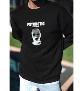 Kışlık Bisiklet Yaka Baskılı SweatShirt - Siyah