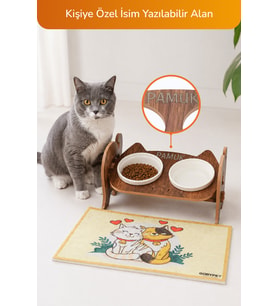 Ahşap Özel Isim Baskılı, Kedi Mama Seramik Su Kabı Standı + Hediye Kedi Halısı