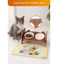 Ahşap Özel Isim Baskılı, Kedi Mama Seramik Su Kabı Standı + Hediye Kedi Halısı
