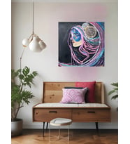 Renkli Saçlı Kadın Yüzü Temalı Akrilik El Yapımı Tuval Tablo - 60x60 cm