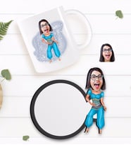 BK Gift Kişiye Özel Oryantal Karikatürlü Beyaz Kupa ve Ahşap Bardak Altlığı Hediye Seti-1