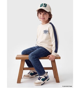 LCW Kids Bej Bisiklet Yaka Baskılı Erkek Çocuk Kalın Sweatshirt