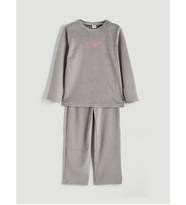 LCW Kids Gri Bisiklet Yaka Los Angeles Nakışlı Kız Çocuk Kadife Pijama Takım