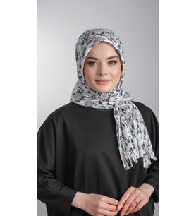 Krem-Siyah Pratik Hazır Geçmeli Tesettür Eşarp Kesik Elyaf Piliseli Çiçek Desenli 1818D6_4001