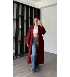 Uzun Kesim Oversize Triko Hırka (Bordo)
