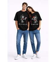 Sevgili Kombini Robot Baskılı Çift Tişört Oversize Unisex Partner Kombin Seti (Siyah)