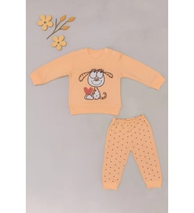 Bebek 2’li Takım – Sevimli Köpek Baskılı Sweatshirt ve Noktalı Pantolon (Turuncu)