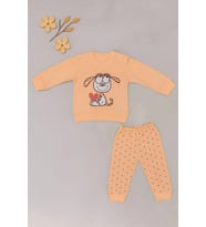 Bebek 2’li Takım – Sevimli Köpek Baskılı Sweatshirt ve Noktalı Pantolon (Turuncu)