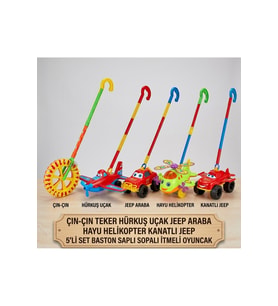 Çın-Çın Hürkuş Uçak Jeep Araba Hayu Helikopter Kanatlı Jeep Baston Sopalı İtmeli Oyuncak 5 li set