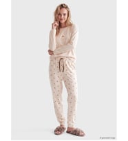 LCW DREAM Bej Bisiklet Yaka Baskılı Kadın Pijama Takım