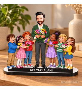 Erkek Anaokulu Öğretmeni Karikatürlü Kişiye Özel Karikatürlü 18 cm MDF Masaüstü Biblo - Öğretmen Hediyesi Öğretmene Özel Hediye