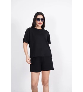 Osy Modal Yumuşak Dokulu Kumaş Bisiklet Yaka T-shirt Kısa Şort İkili Takım - Siyah