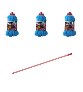 Yedek Islak Temizlik Kovası Mop Takımı Seti - Temsan Havlu Mop + Metal Çizgili Vidalı Sap -3 Moplu (Karışık)
