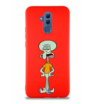 Huawei Mate 20 Lite Soft Premier Kapak Squidward Dokunaç Tasarımlı Silikon Kılıf - Kırmızı (Şeffaf)