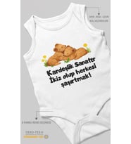 Kardeşlik sanattır, ikiz yazılı Sıfır Kollu Bebek Zıbını %100 Pamuk