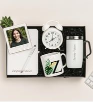 Kişiye Özel Fotoğraflı Çerçeve,Defter,Kalem,Masa Saati,Fincan Ve Termos Hediye Seti (Beyaz)